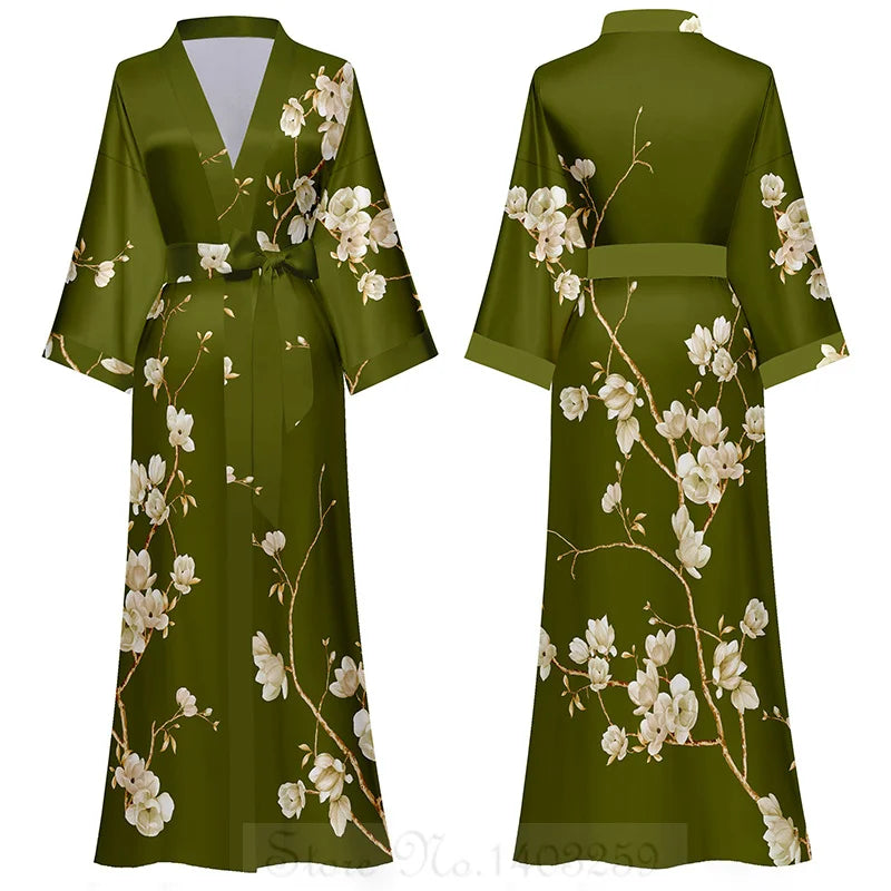 Print Flower Female Long Robe Sleepwear Japanese Kimono Bathrobe Gown Spring Summer Satin Nightgown Loose Casual Home Dress Wear