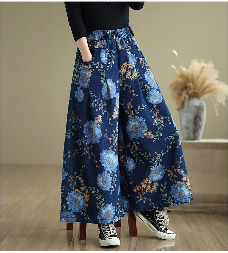 NYFS 2025 New Summer Vintage Print Woman Jeans Loose Plus size Trousers Elastic Waist Denim Wide Leg Pants