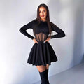 Solid Color Waist Mesh Splicing Design Women's Dress Spring And Summer New Fashion Round Neck Long Sleeve Slim A-line Dress 2025