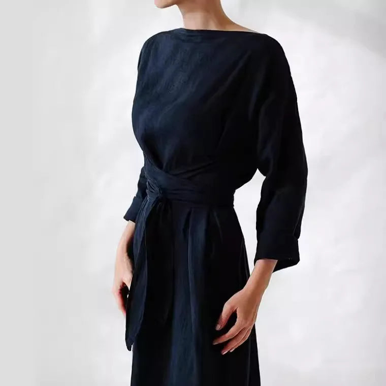 Fall Long Sleeve Loose Cotton Linen Dress Women 2024 Fashion Casual Solid New Lace-up Bow Maxi Dresses Elegant Vestidos