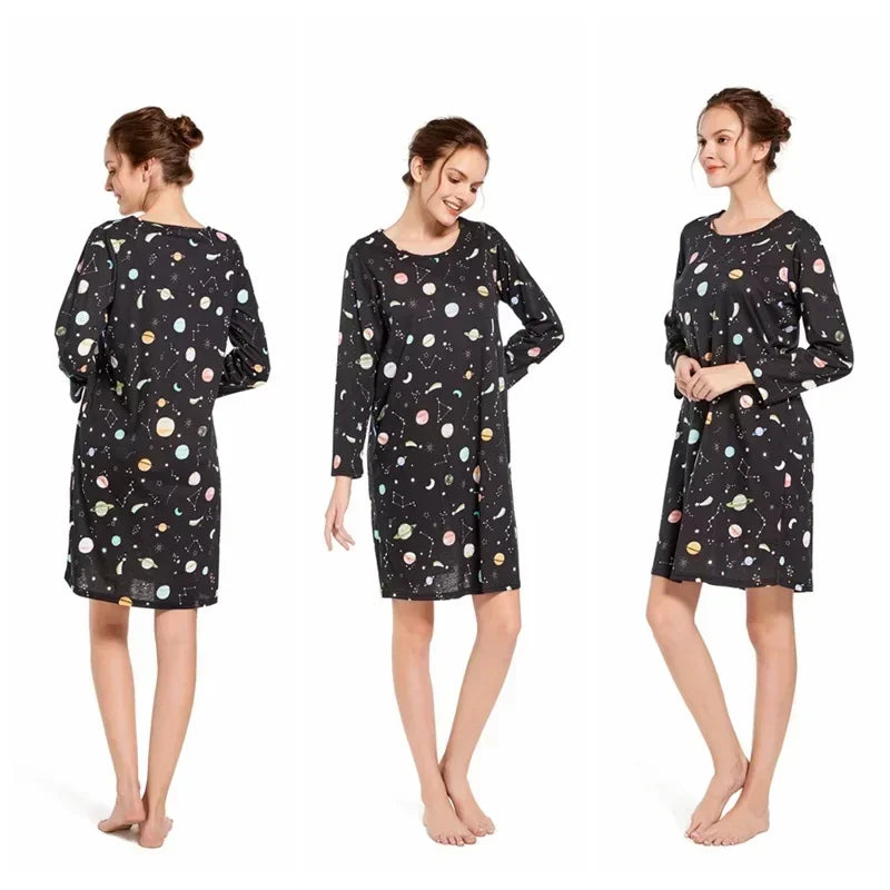 Knitted Cotton Women Plus Size Lingere Nightgown Loose Nightdress Long Sleeve Night Gown Cute Cartoon Home Dress Sexy Sleepwear