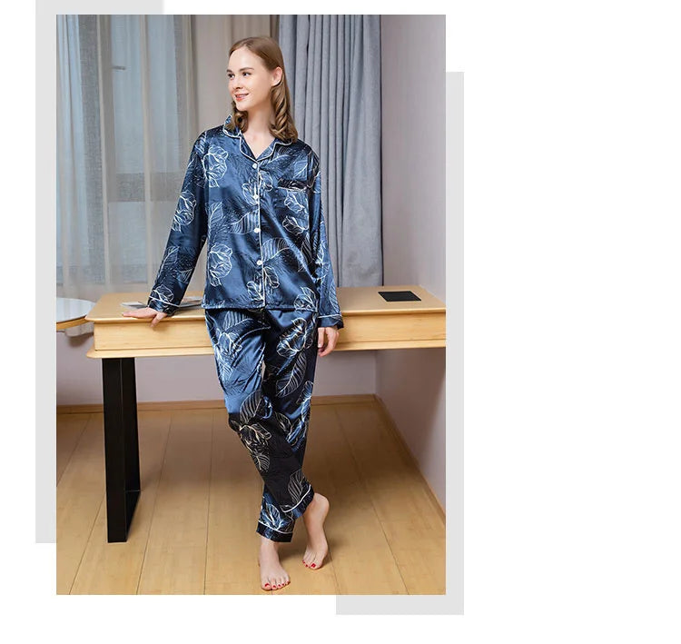 Spring Autumn pajama women Silk Satin pajamas set Long sleeve Shirt with Trouser Sleepwear Loungewear Female Pyjamas Suits Mujer
