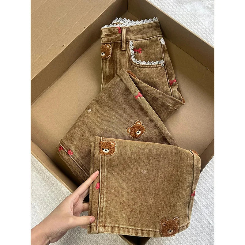 Lace Teddy Bear Embroidered Patchwork Design Wide leg Jeans 2025 Spring New High Waisted fit Slimming Casual Jeans for Commuting