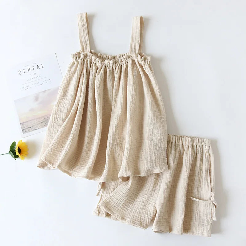 Fdfklak Pijamas Sexy Mujer Summer Sleeveless Gauze Cotton Women's 2 Piece Set Pyjamas Elegant New Soft Home Nightwear