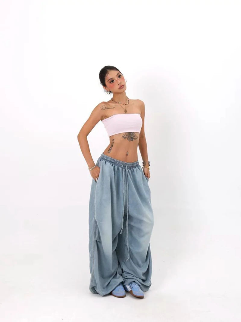 Autumn Oversized Women Wide Leg Jeans Y2K Hip Hop Streetwear Loose Denim Pants High Waist Drawstring All Match Straight Trousers