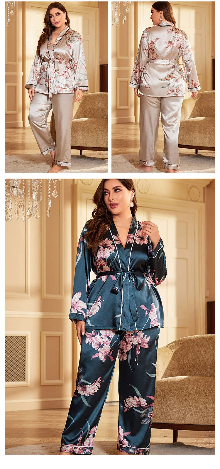 Plus Size 3XL 4XL 5X  Pjs Sleepwear 2PCS Set Print Flower Female Loungewear Pijamas Suit Loose Ice Silk Home Clothes pyjama