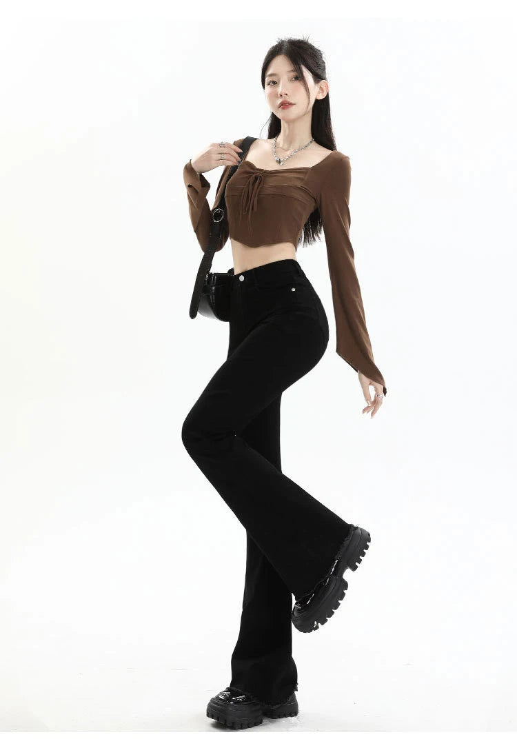 BIVIGAOS 2025 New Autumn Spring Micro Flared Jeans Women High Waist Slim Tight Retro Tassel Hem Stretch Denim Horseshoe Pants