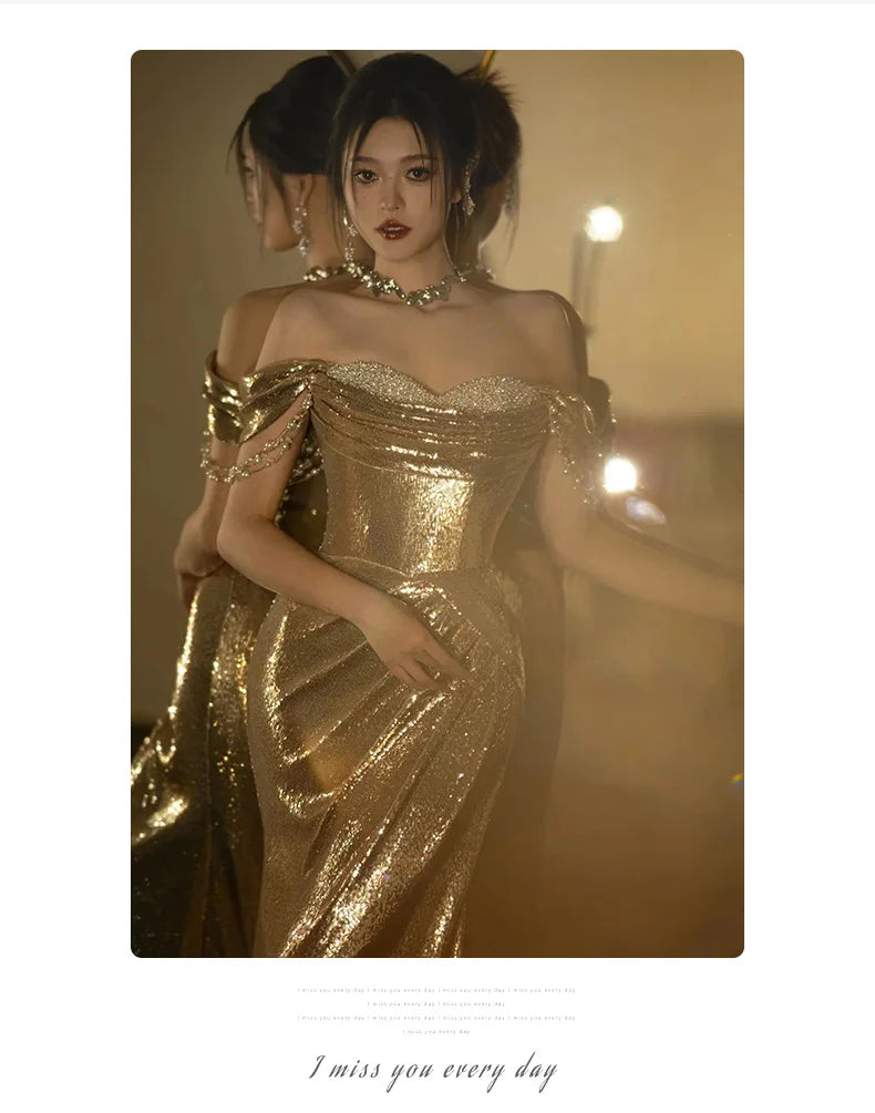 Lautaro Spring Praty Birthday Evening Dresses Woman Off Shoulder Backless Elegant Luxury Prom Floor Length Gold Sequin Dress