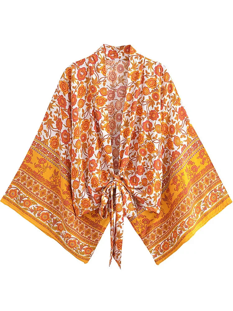 Vintage Women Fashion Boho Kimono Short Robe Swimsuits Floral Batwing Sleeves Rayon Bohemian Bikini Cover Ups Beachwear