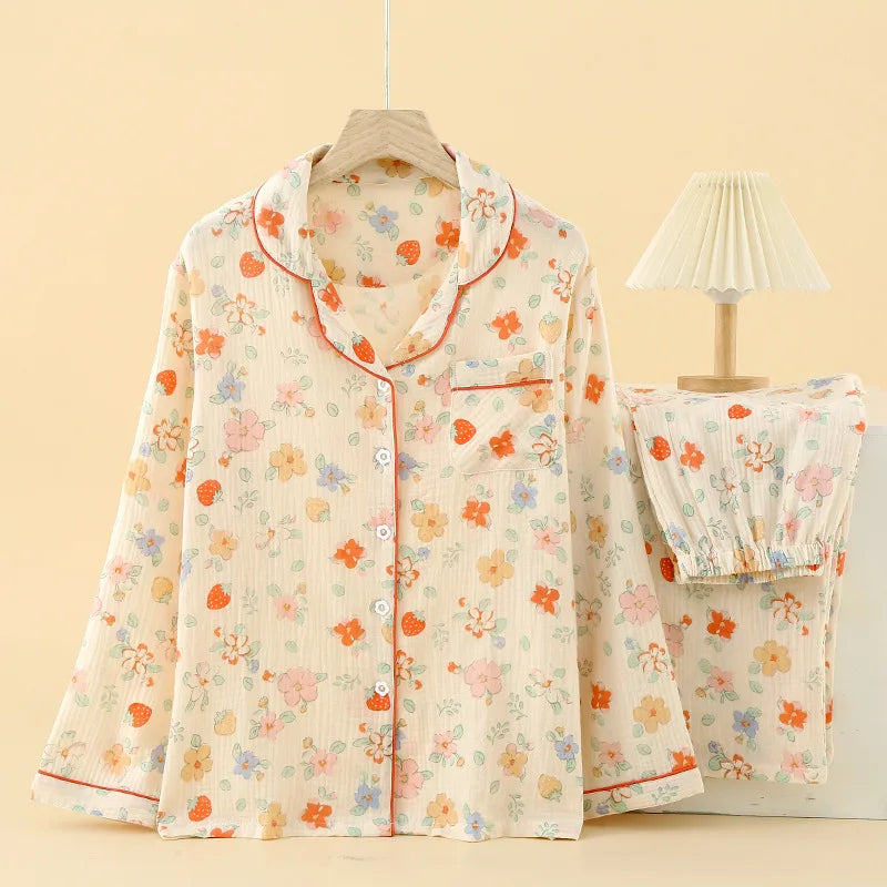 Summer women's 2-piece set of 100% pure cotton women's sleepwear bedroom set long sleeved+long pants women's sleepwear