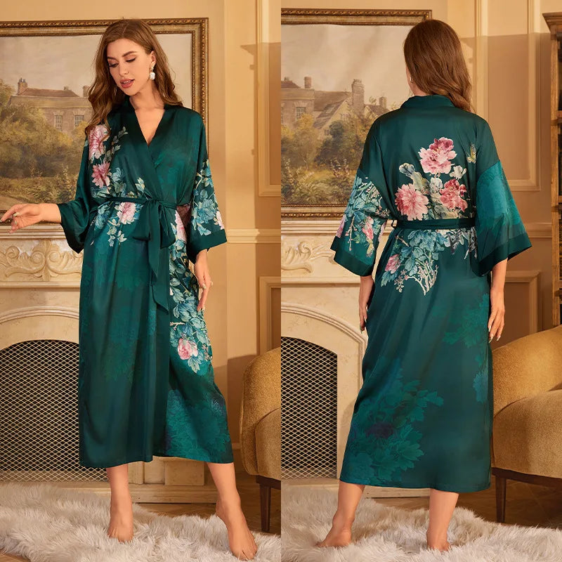 Print Flower Female Long Robe Sleepwear Japanese Kimono Bathrobe Gown Spring Summer Satin Nightgown Loose Casual Home Dress Wear