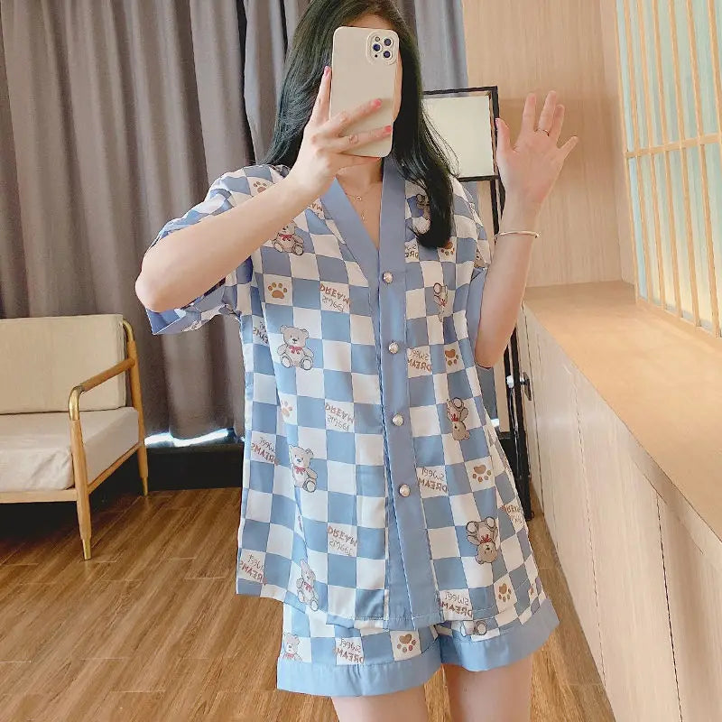 Luxury Women Silk Sleepwear Summer Short Sleeve Cardigan Shorts Two Pieces Homewear Kawaii Clothing Pajama Sets Nightwear Korean