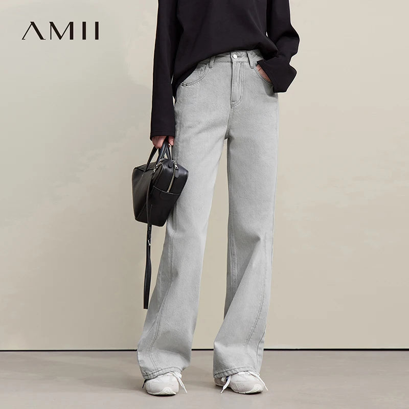 Amii Women's Jeans 2026 Spring New Casual Solid Color Cotton Straight Women's Pants Versatile Long Denim Trousers 12621038