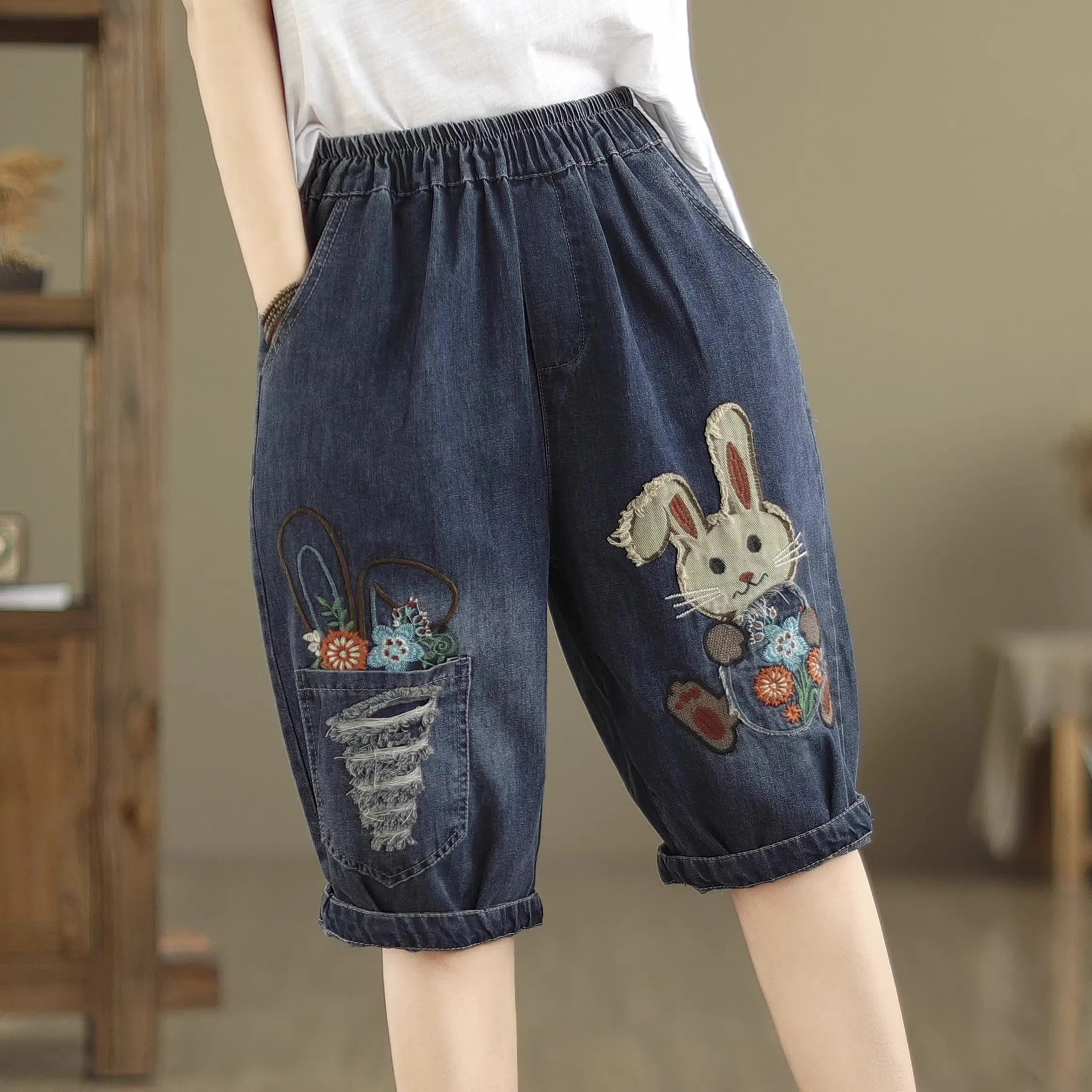 High Waist Loose Fit Cartoon Embroidery Denim orts Women's Summer Thin Harem Pants Wide Leg Casual Trousers
