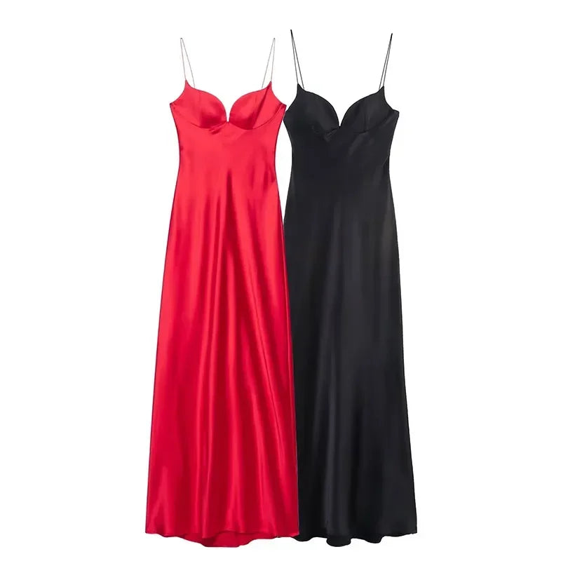 Sexy Satin Long Sling Dress Women Square Collar Sleeveless Backless Pleated Dresses Female 2026 Spring Lady Party Evening Robes