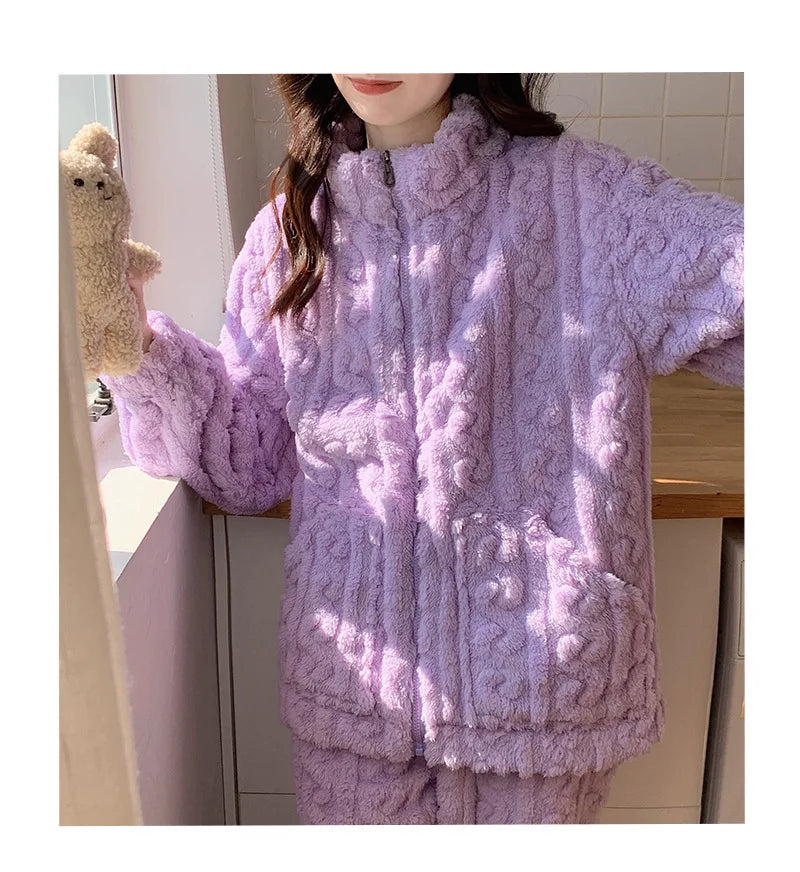 Large Size Flannel Pajamas Set Autumn Winter Female Sleepwear Trouser Suit Thicken Coral Fleece High Collar Lounge Wear Homewear