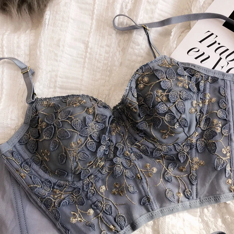 2 Pieces Sexy Lace Flowers Embroidery Underwear Set for Women French Body Shaping Push Up Bra Set Romantic White Lingerie Sets