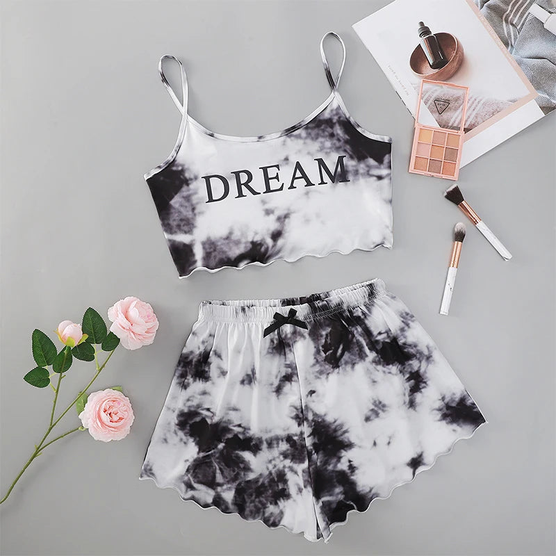 Two Piece Women's Printed Sleeveless Casual Pajama Set Summer Women's Suspender and Camouflage Shorts Fashion Pajama Set