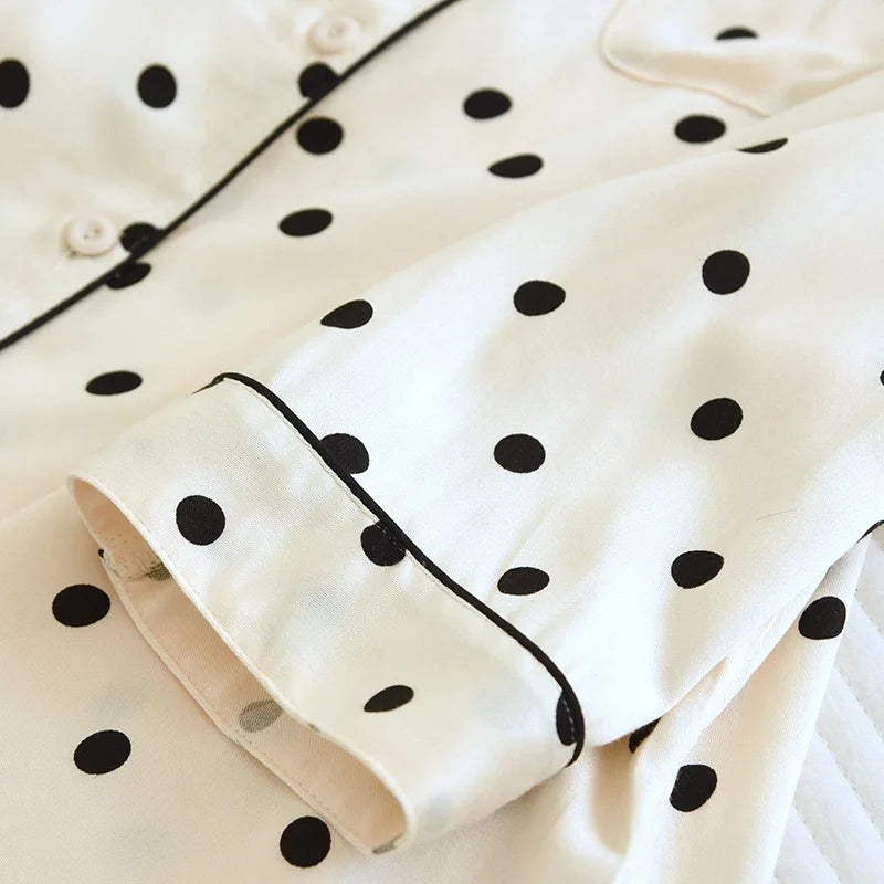 2023 Spring/Summer New Women's Pajama Set Gongsatin Cotton Women's Pajama Silk 100% Viscose Polka Dot Print Sleepwear 2-Piece