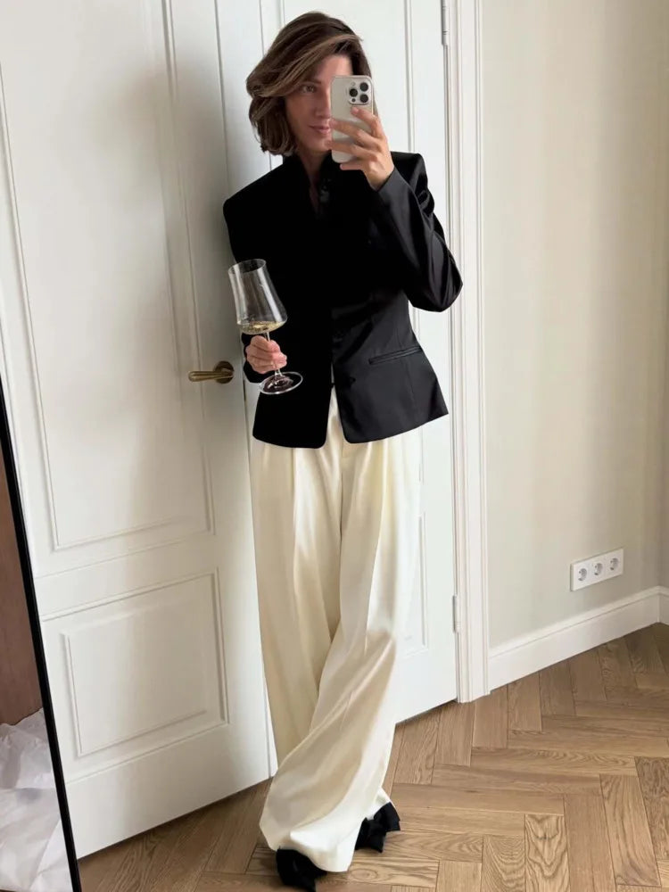 DFDG Women's Spring Summer Satin Mandarin Collar Knot Button Blazer Chic Formal Casual Wear 2026 Trendy Feminine Fashion Coat