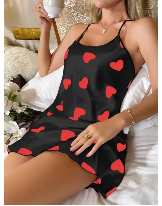 Heart Print Nightdress Elegant Scoop Neck Criss Cross Back Sleep Dress Women's Sleepwear