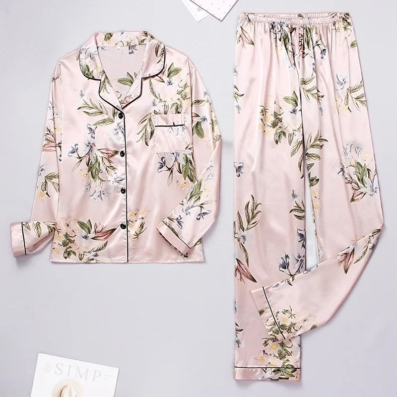 Spring Autumn pajama women Silk Satin pajamas set Long sleeve Shirt with Trouser Sleepwear Loungewear Female Pyjamas Suits Mujer