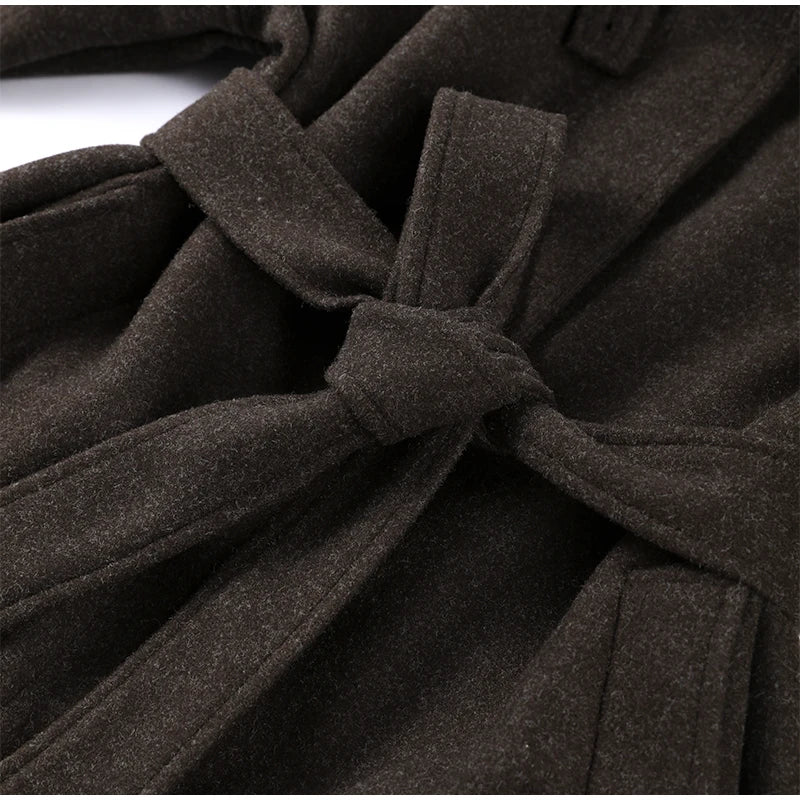 Elegant Stand Collar Long Woolen Coat Women Loose Full Sleeve Single Breast Warm Overcoat 2026 Spring Lady Outwear New