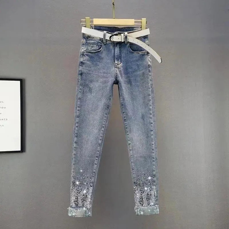 Spring Summer New 2025 Korean Slim Women Jeans Sequins Hot Drilling Denim Pants Ladies Pencil Cowboy Pants Trousers Lady