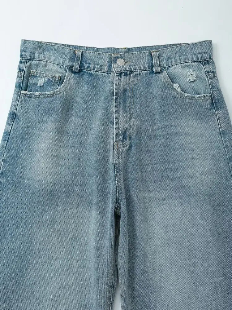 YENKYE New Women Fashion Ripped Wide Leg Jeans Vintage High Waist Pockets Female Denim Pants Autumn Trousers pantalones