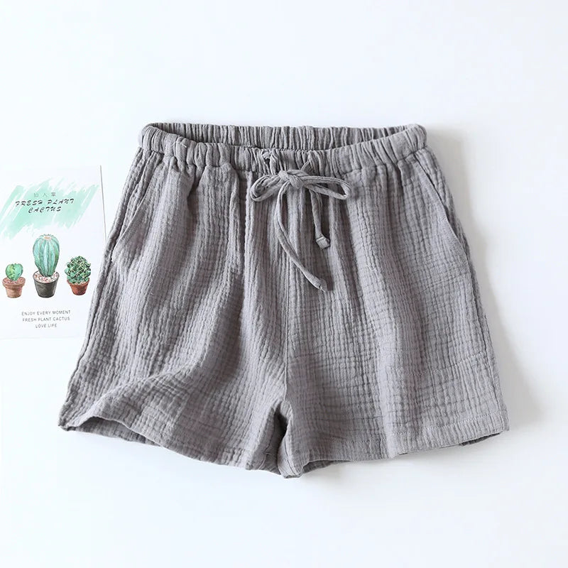 Women Summer Shorts Cotton Double-layer Gauze Sleep Bottoms Thin Loose-fitting Pajama Pants Home Pants Solid Sleep Shorts