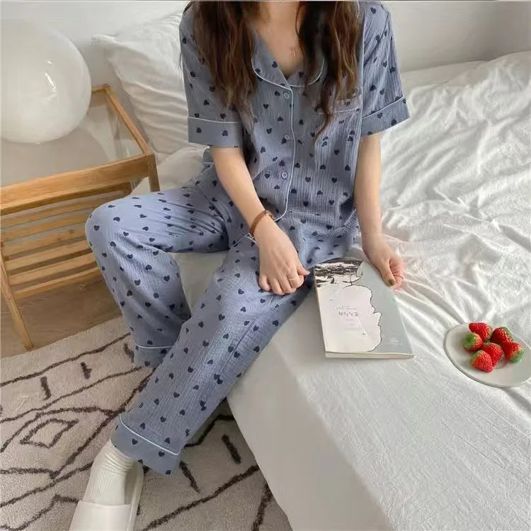 Cotton Women's Pajamas Korean Sleepwear Summer 2021 Pijama Heart Print Pyjamas Short Sleeve 2 Piece Set Suits Loungewear