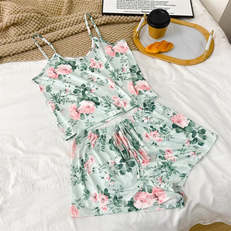 Summer Women's Cherry Print Pajama Set Sexy Ice Silk Sleeveless Vest and Shorts Girls Casual Cute Printed Sleepwear for Lounging