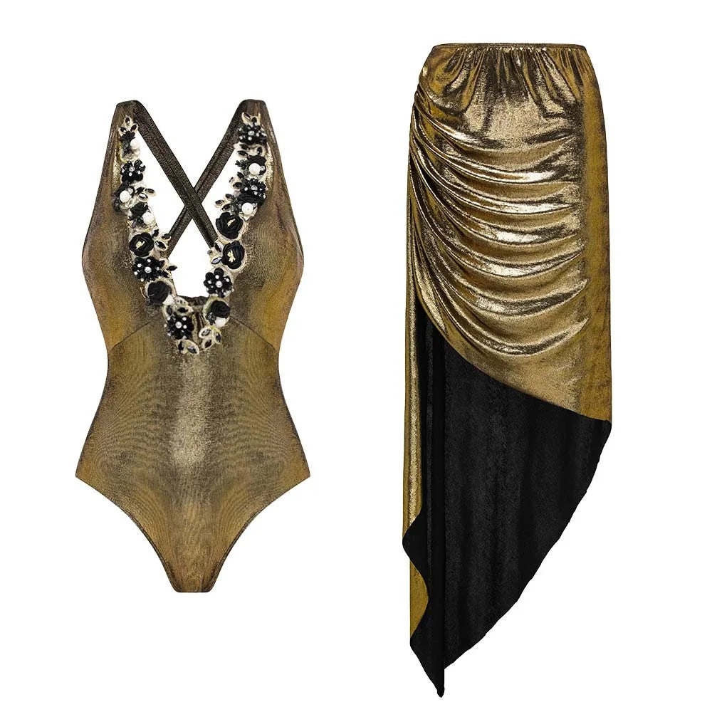 Bikini Bodysuit Swimwear Women With Skirt Bathing Suit Summer New Ruffle Splice Print Beachwear Holiday Bikini Cover Ups Outfits