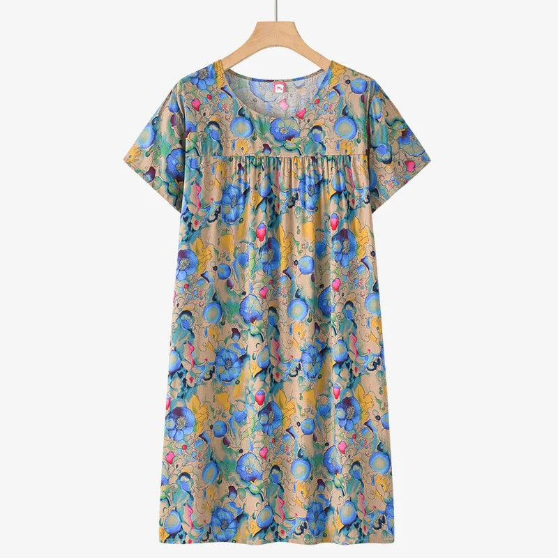 Middle-Aged and Elderly Cotton Silk Short-Sleeved Nightgown Homewear Women New Pajamas Thin Section Loose Homewear Dress Summer