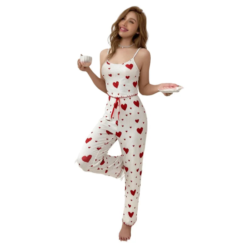 Women Pajamas 2 Piece Sets Camisole Pants Summer Sleeveless Suspender Top Trousers Sleepwear Ensemble Sweet Print Nightwear Suit
