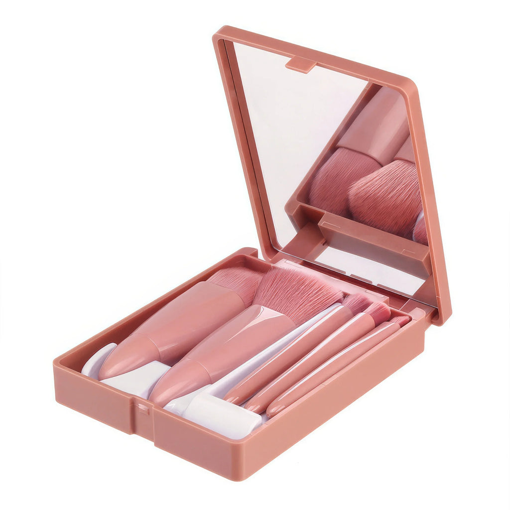 Portable Pink Makeup Brush Kit 5PCS Compact With Mirror Soft Bristles Blush Eyeshadow Foundation Beauty Tools