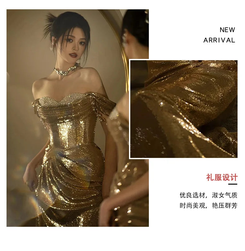 Lautaro Spring Praty Birthday Evening Dresses Woman Off Shoulder Backless Elegant Luxury Prom Floor Length Gold Sequin Dress