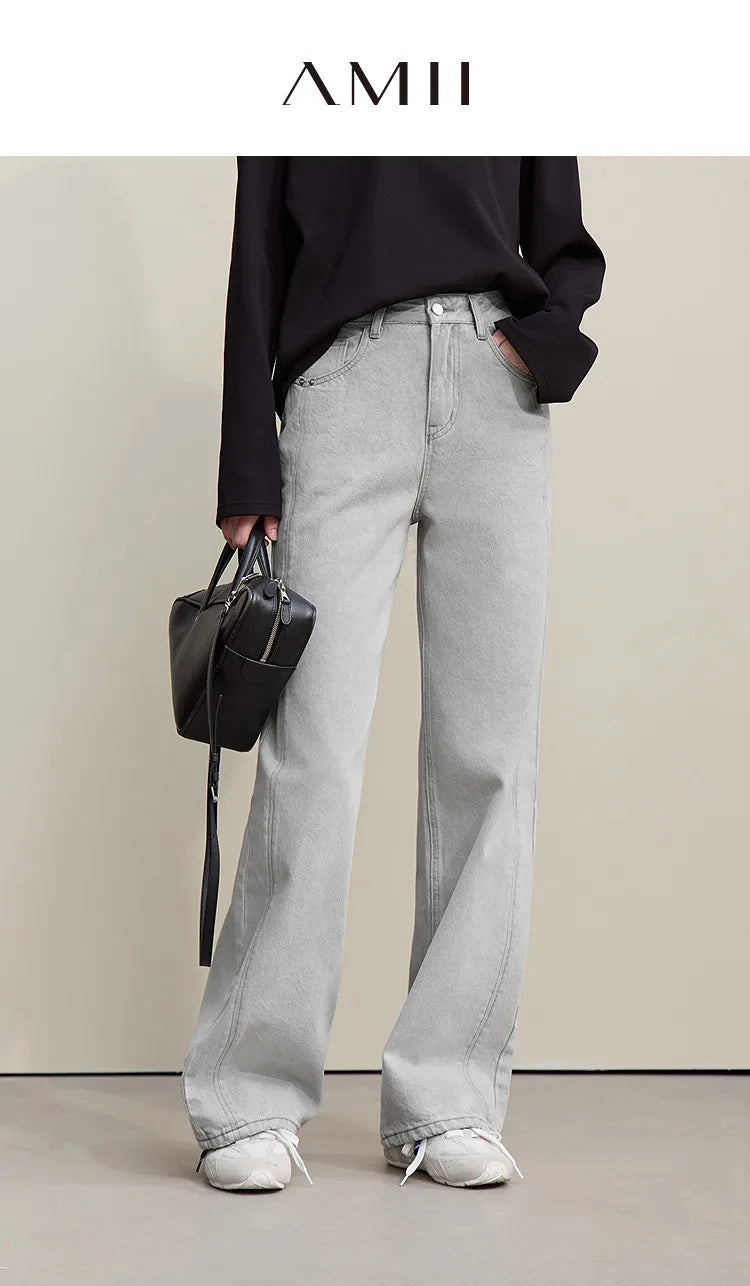 Amii Women's Jeans 2026 Spring New Casual Solid Color Cotton Straight Women's Pants Versatile Long Denim Trousers 12621038