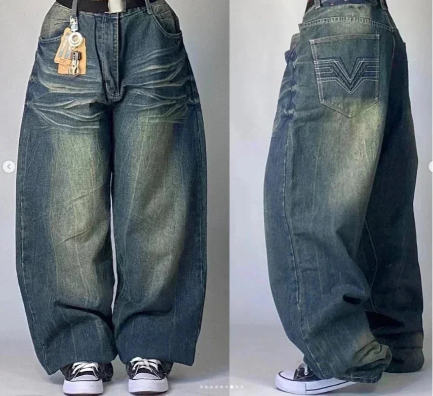 American Street Fashion Trend Big Pocket Loose Jeans Women Harajuku Y2K New Hip Hop Vintage Oversized Jeans Unisex Mopping Jeans