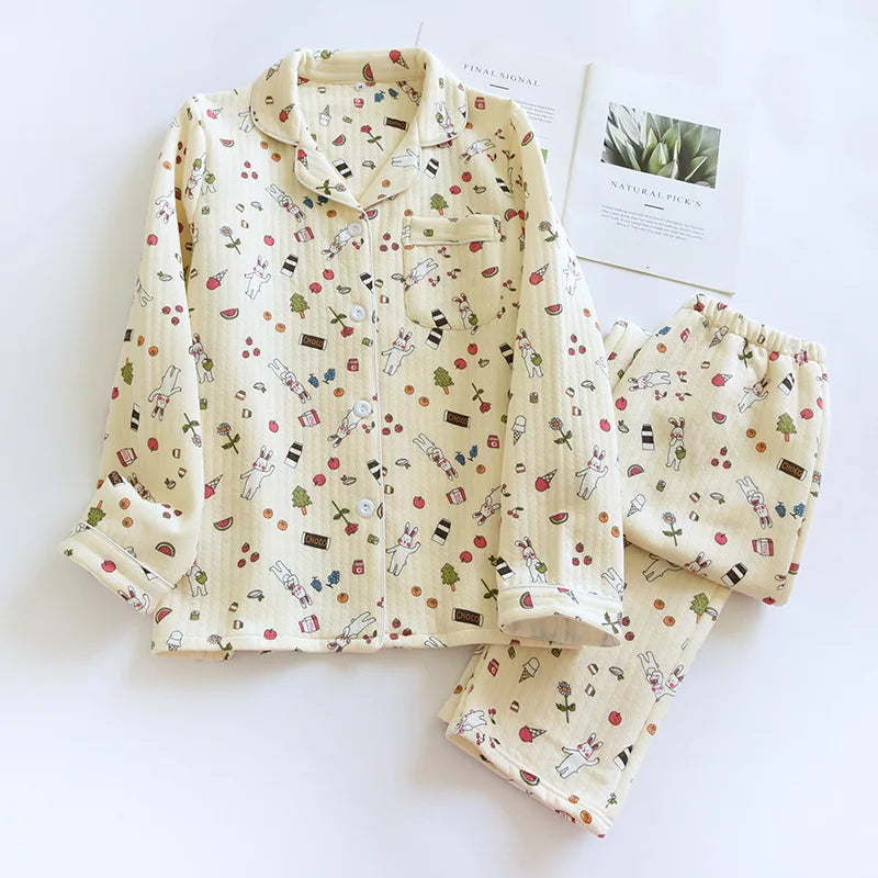 Japanese ladies pajamas set 2026 new autumn and winter air cotton layer thickening long-sleeved cute home clothes pure cotton