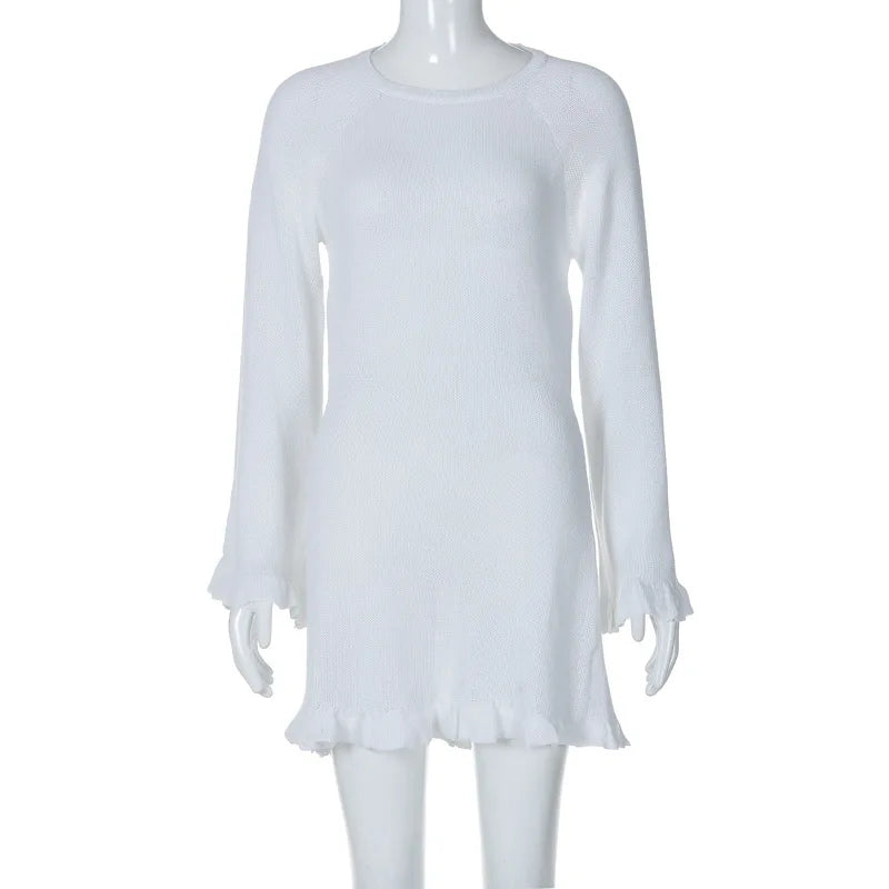2026 Women Ins Style Sexy Backless Neck-hanging Long Sleeve Fishtail Dress Knit Beachwear Summer Swimsuit Bikini Cover-ups A2825
