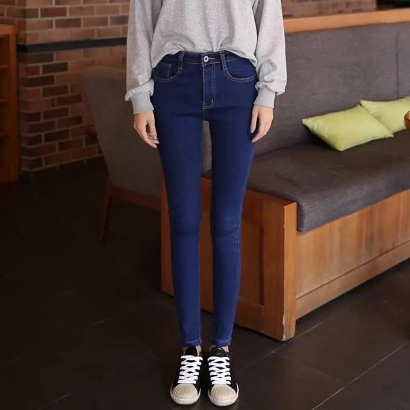 High Waist Women's Skinny Jeans Elastic e ey Slimming Versatile Long Pants Korean Sle Cotton Stretch Denim