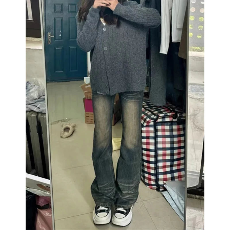 Women's Grey Flare Jeans Vintage Korean High Waist Cowboy Pants Harajuku Denim Trousers 90s Aesthetic Y2k Emo 2000s Clothes 2024