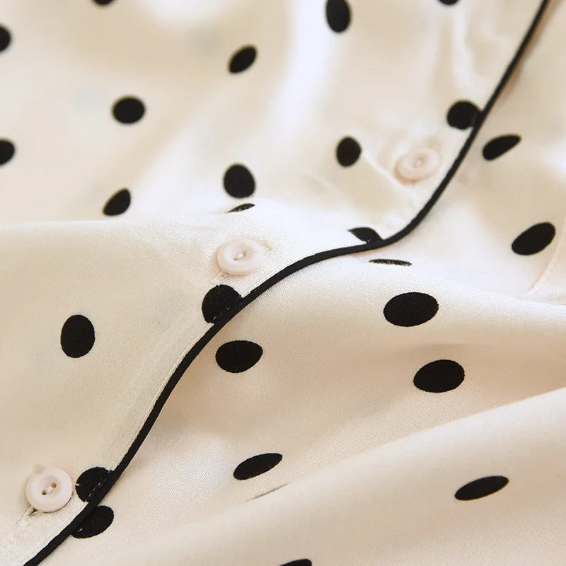 2023 Spring/Summer New Women's Pajama Set Gongsatin Cotton Women's Pajama Silk 100% Viscose Polka Dot Print Sleepwear 2-Piece