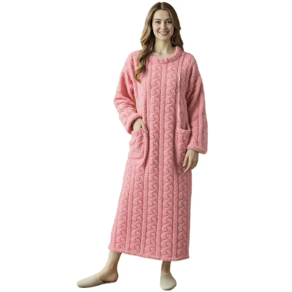 Coral Velvet Women's Nightgown Autumn And Winter Long Sleeve Double Pocket Flannel Nightgowns Women Loose Solid Sleepwear