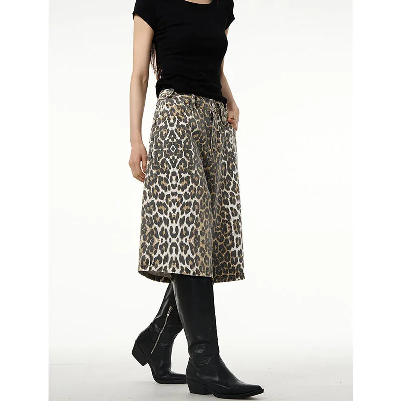American Retro High Street Casual Overalls Leopard Print Loose Wide Leg Pants For Women Y2k Hip-hop Cargo Grunge Baggy Trousers