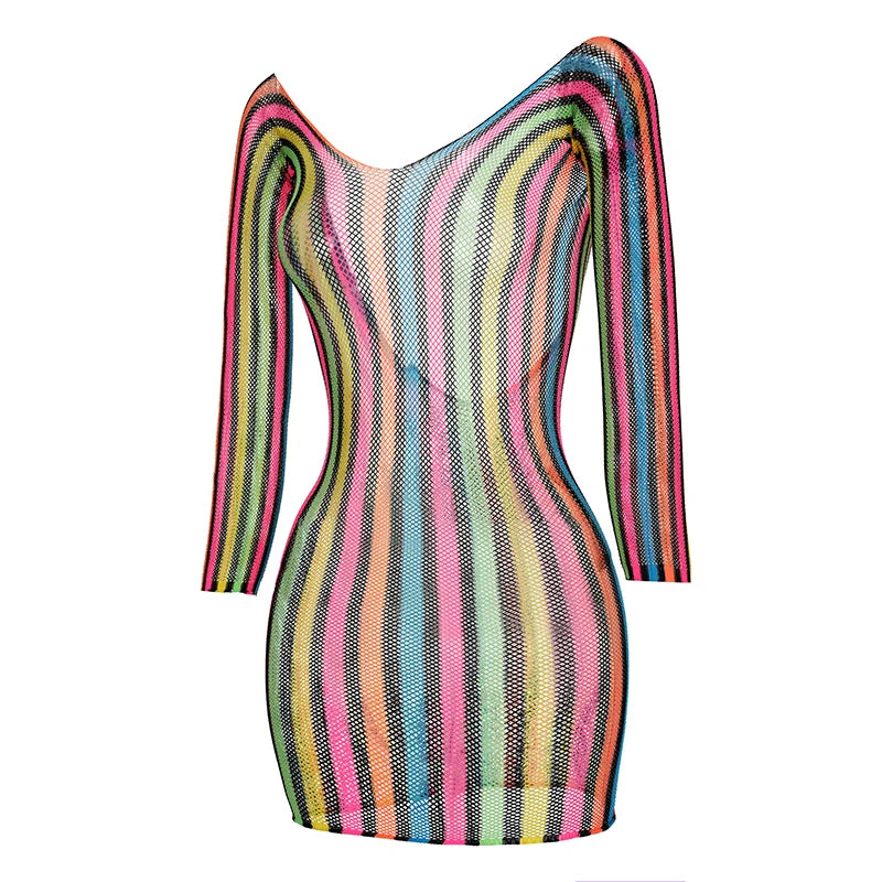 1PC Women Fishnet Cover Up Without Bikini Sexy Lingerie See Through Hollow Out Bodycon Dress Long Sleeve Beachwear CT011