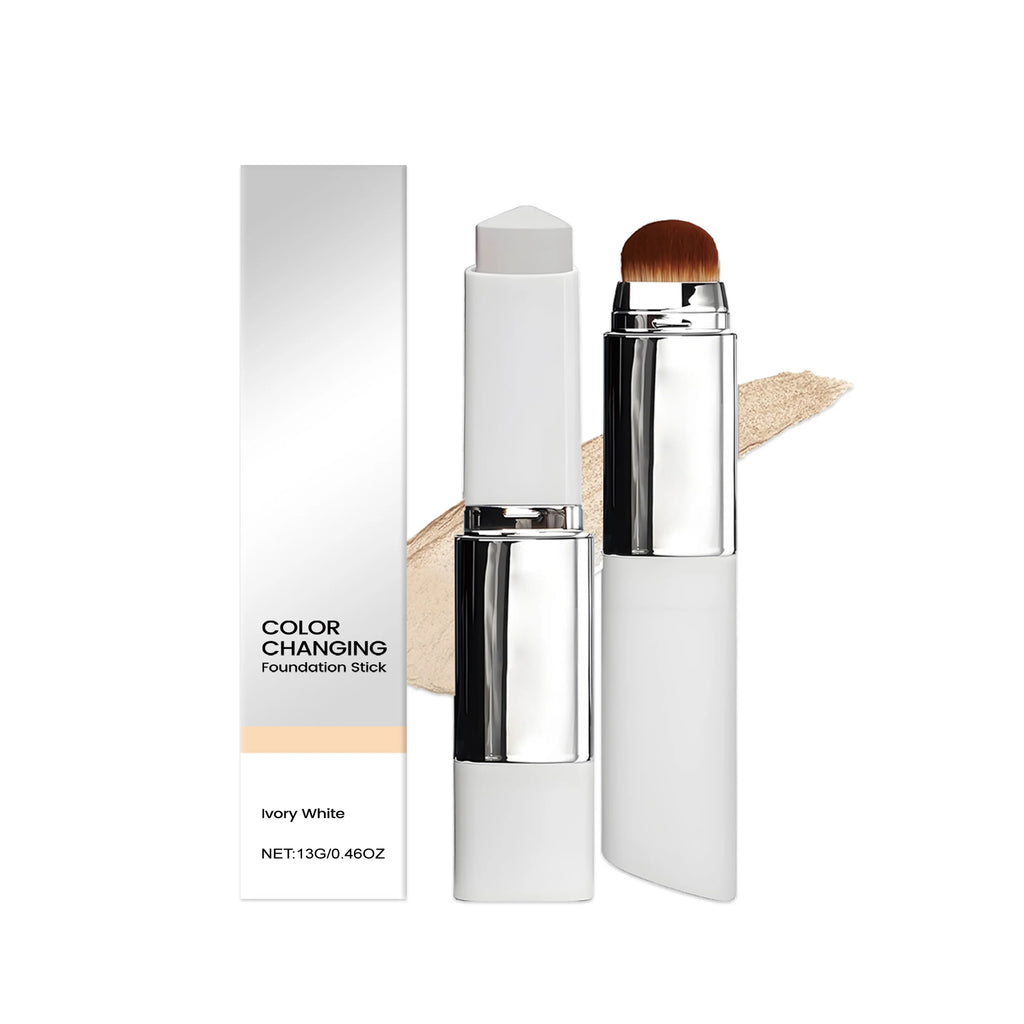 2-in-1 Color-Changing Foundation Stick Full Coverage Lightweight Moisturize Finish Base Makeup Dual-Ended with Detachable Brush