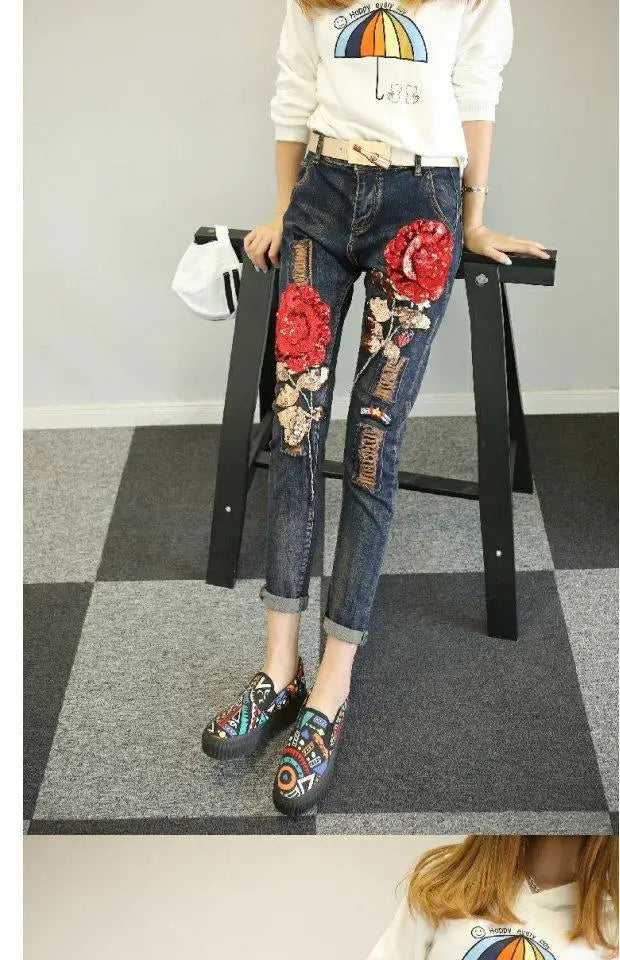 Women Jeans 2026 Spring Autumn Rose Jeans Women's High Waist Slimming Fashion Shorts