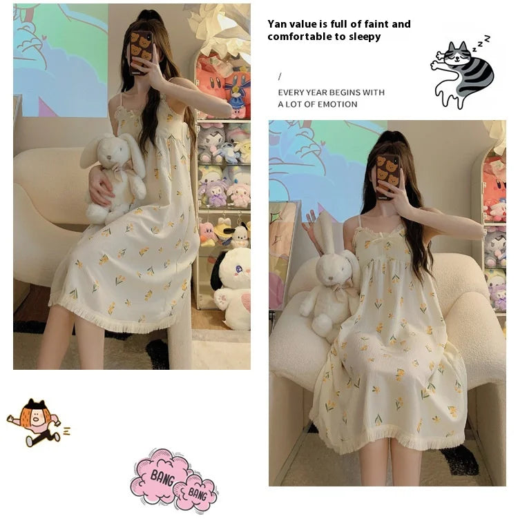 With Chest Cushion Halter Nightgown Female Summer Floral Breathable Thin Section of the Princess Style Loose Knee-Length Pajamas